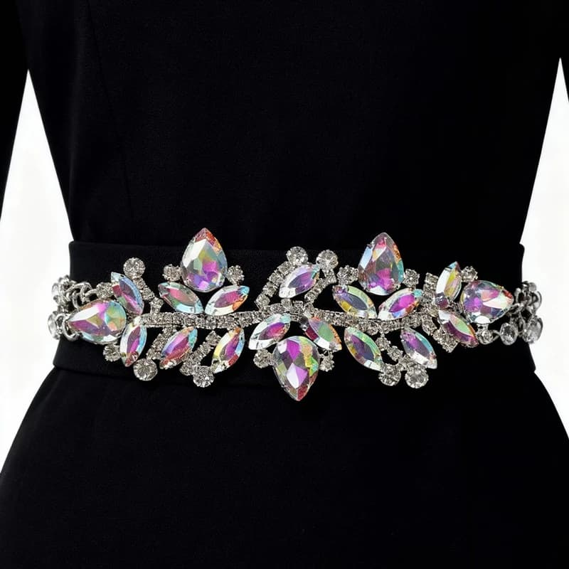 Wedding Dress & Shoe Decoration Appliqué - Gold Silver AB Crystal Leaf Glass Rhinestone Chain Fringe Sew-on Garment Accessory