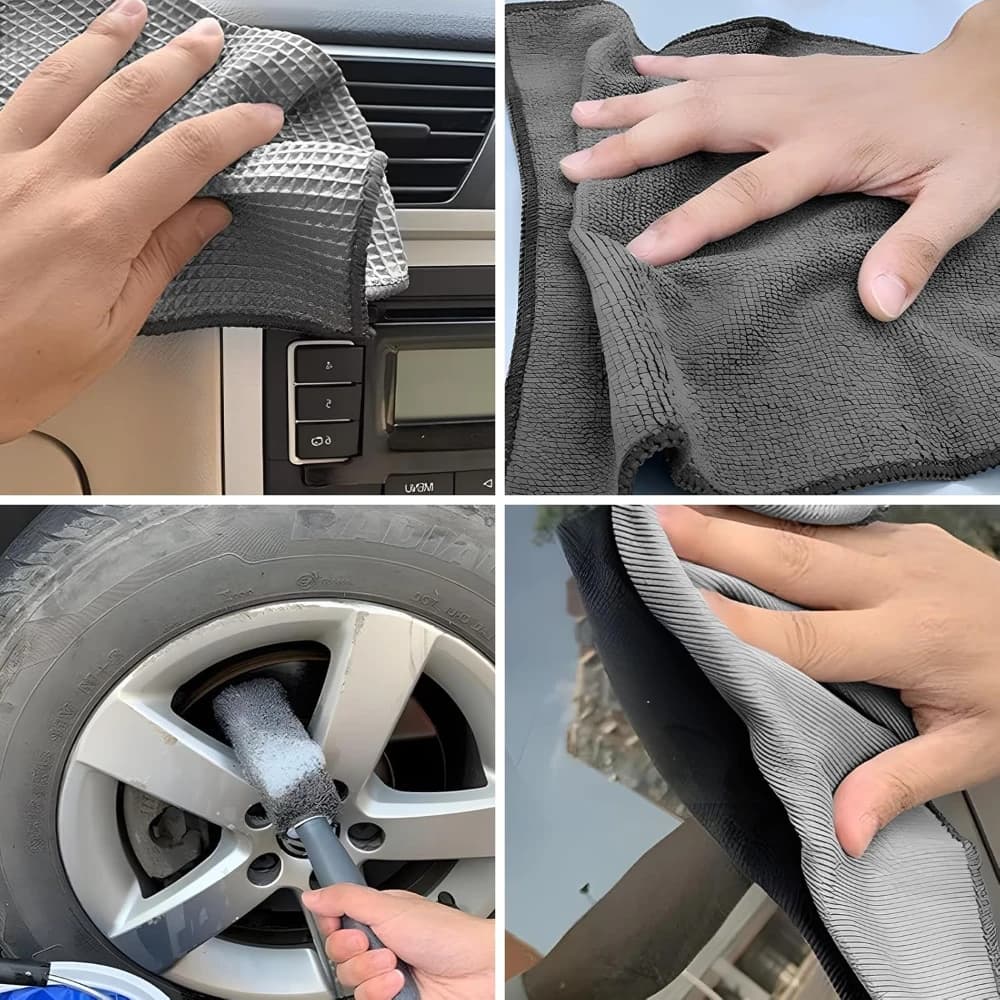 9-Piece Car Cleaning Tools Kit Car Detailing Set with Tire Brush Polishing Towel Cloth Wash Sponge Microfiber Cleaning