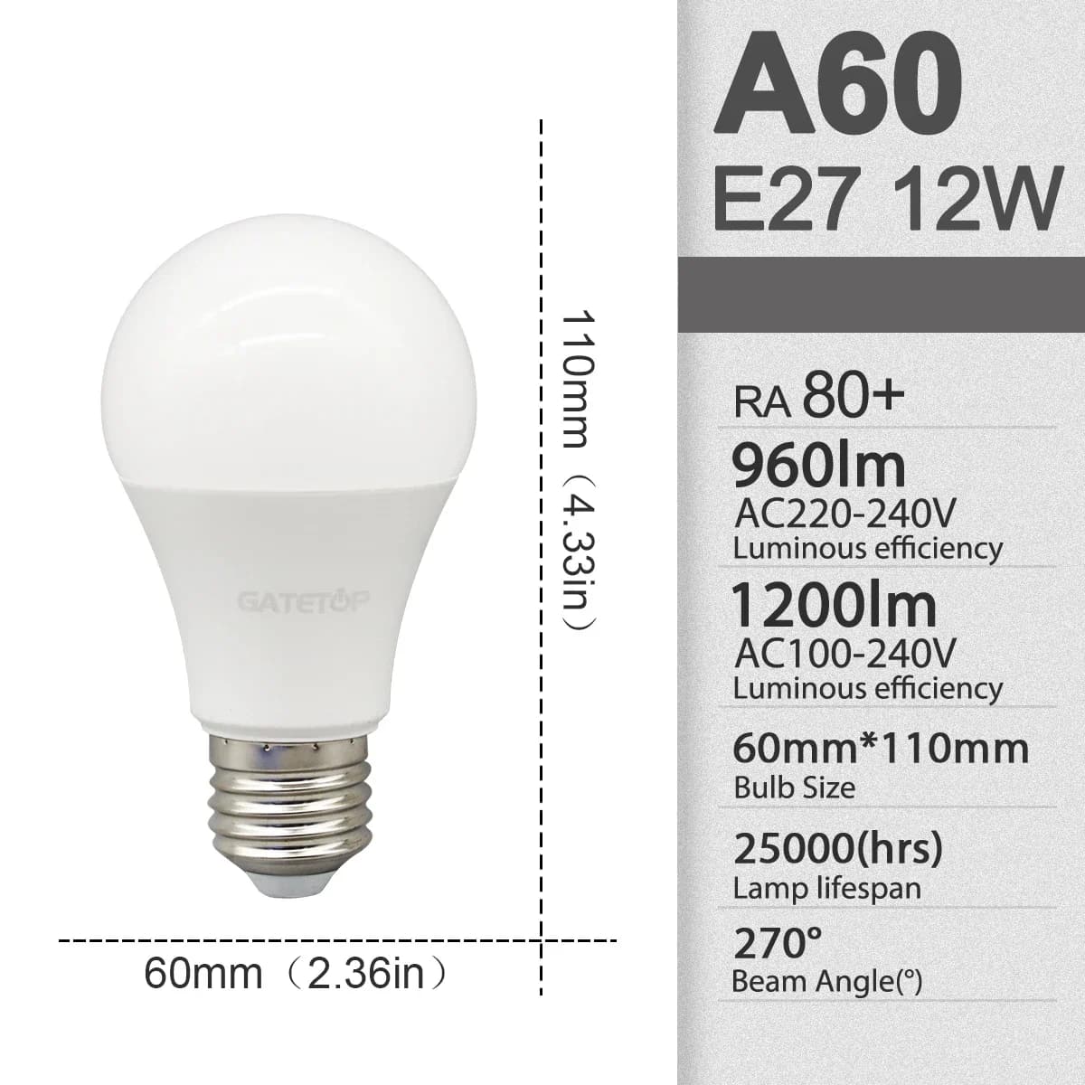 A60 12W / 6000K Cold white / AC100-240V