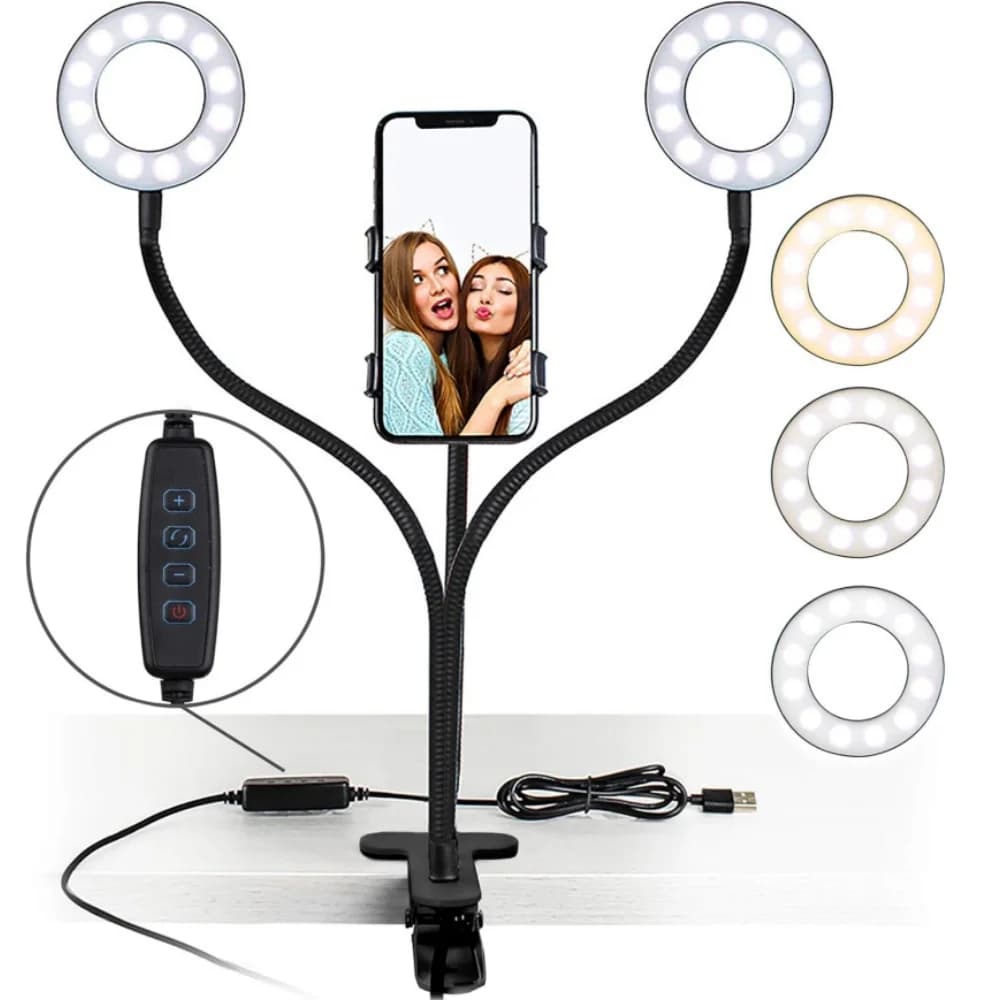 LED Ring Light Clip-On USB Fill-in Lamp Dual Lights 3 Lighting Modes Dimmable Flexible Arms Design with Phone Holder for Live