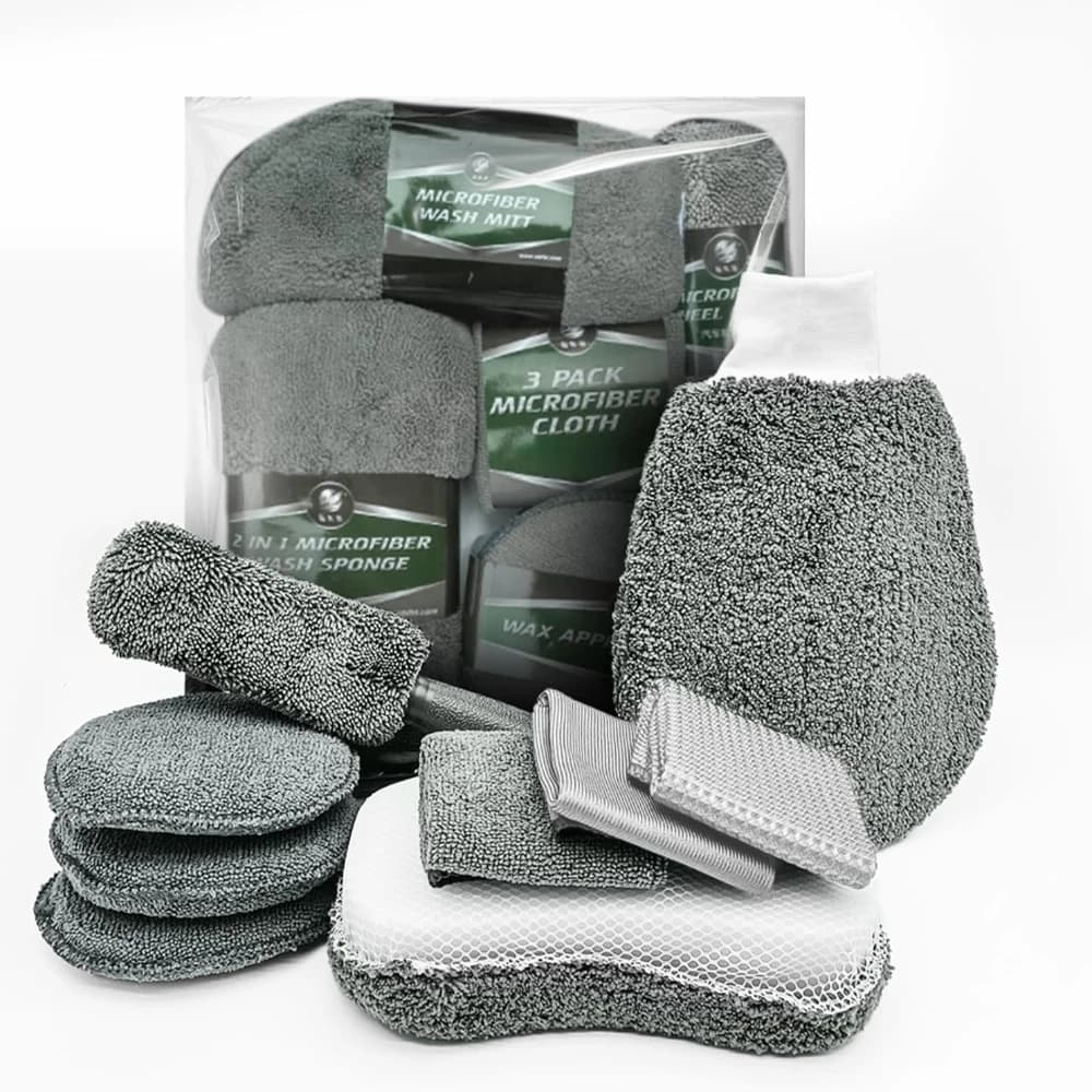 9-Piece Car Cleaning Tools Kit Car Detailing Set with Tire Brush Polishing Towel Cloth Wash Sponge Microfiber Cleaning