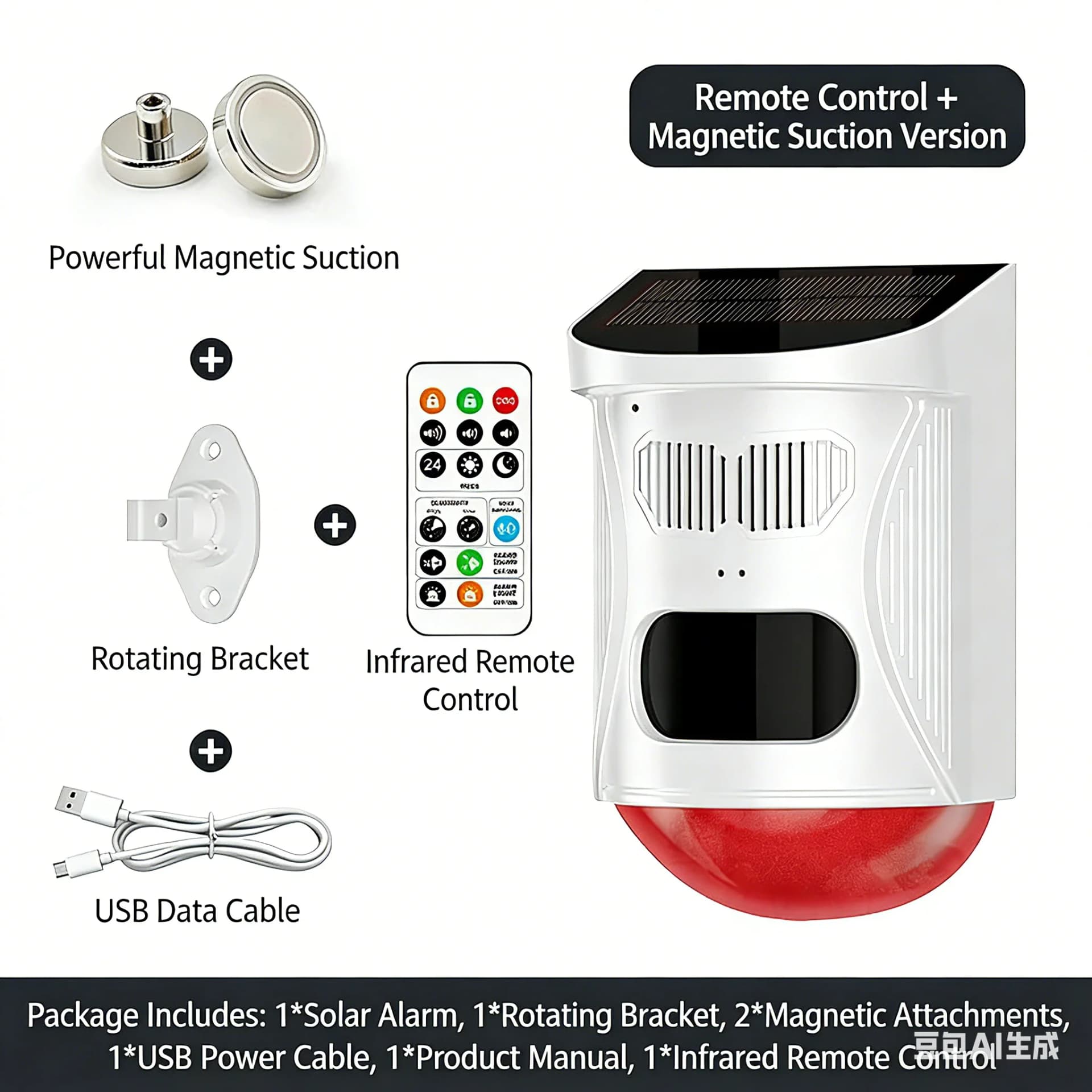 Solar Motion Sensor Alarm With Custom Voice Upload - 120db Loud Noise Maker & Strobe Lights, Remote Control, Call Recording
