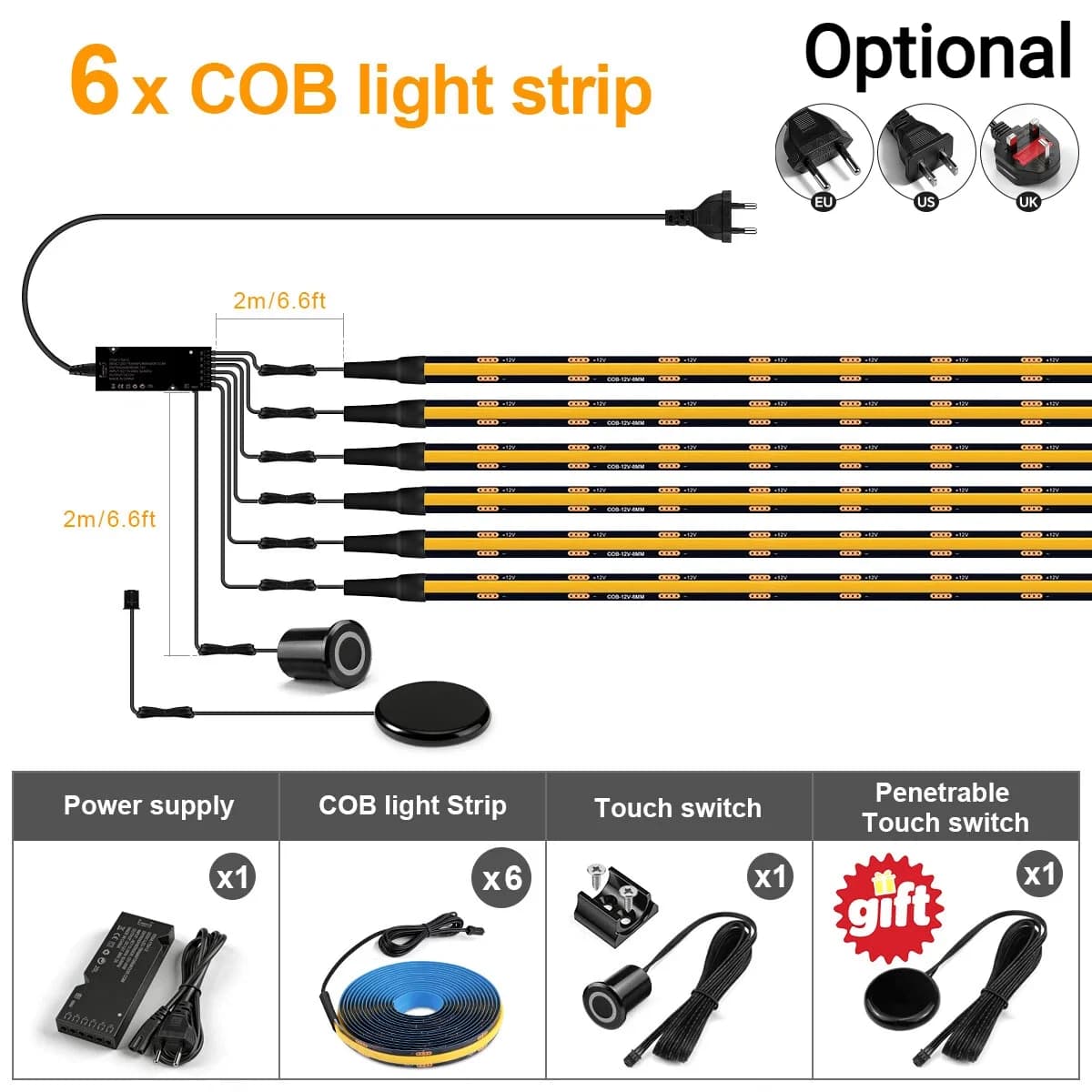6 x LED Strip Kit / 2M Each LED / Natural White / EU Plug