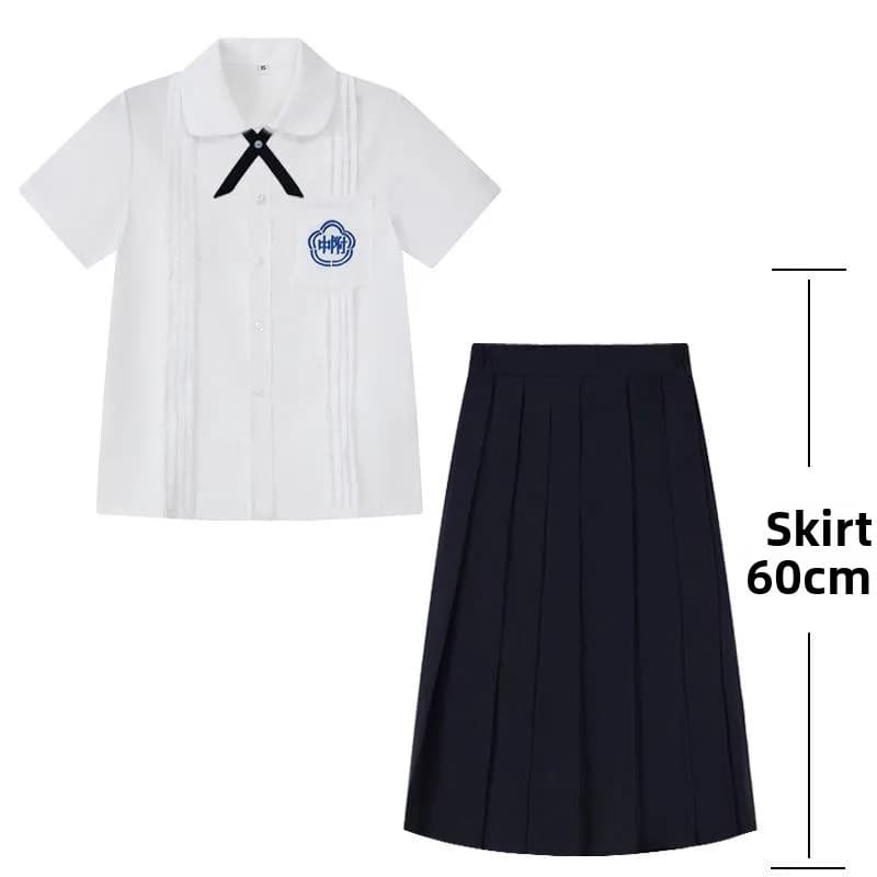 M / Included women's short white shirt + bow tie + navy blue midi skirt