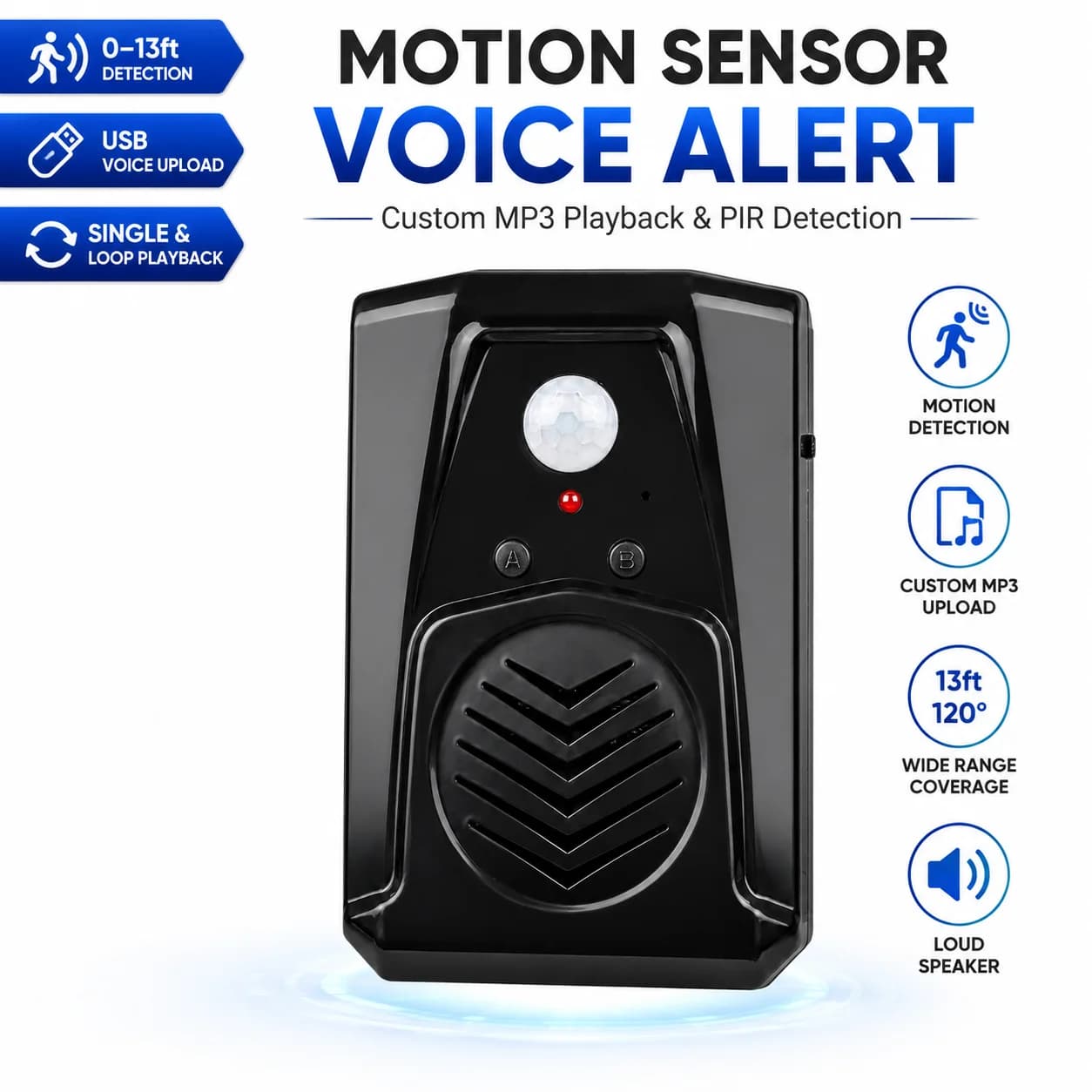 Motion Sensor Voice Player, Recordable PIR Infrared Alarm with 120 Seconds Recording, Custom MP3 Upload via USB, for Store/Home