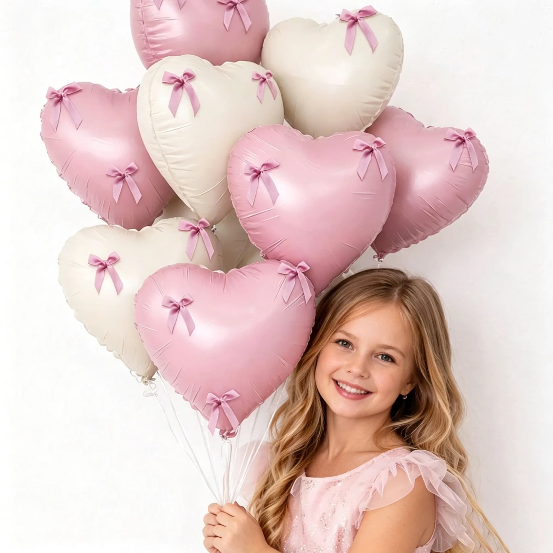 Pink Heart-Shaped Balloons with Bows, Blush-Colored Birthday Party Decorations, Suitable for Birthdays, Bachelor Parties, Anniversaries, and Party Events.