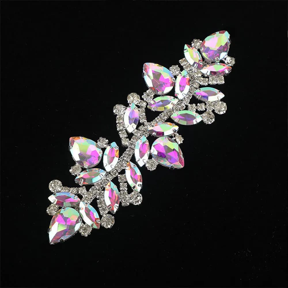 Wedding Dress & Shoe Decoration Appliqué - Gold Silver AB Crystal Leaf Glass Rhinestone Chain Fringe Sew-on Garment Accessory