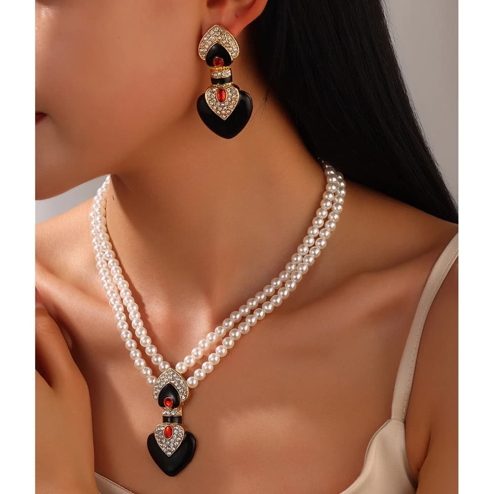 Bride Elegant Rhinestone Pearl Necklace Earring Set