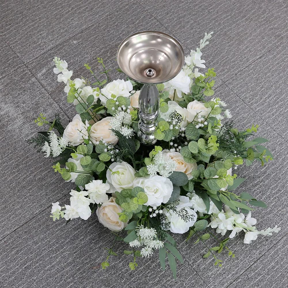Wedding Table Centerpiece Candlestick Deco Garland Crown Flower Wreath White Rose Green Leaf Floral Arrangement Event Party Prop
