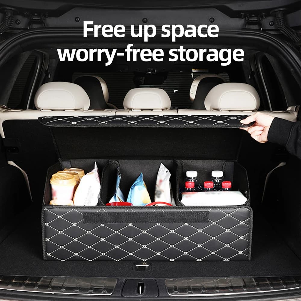 Car Trunk Organizer Box, Large Capacity, Auto Multiuse Tools, Storage Bag, Stowing, Tidying, Leather, Folding for Emergency