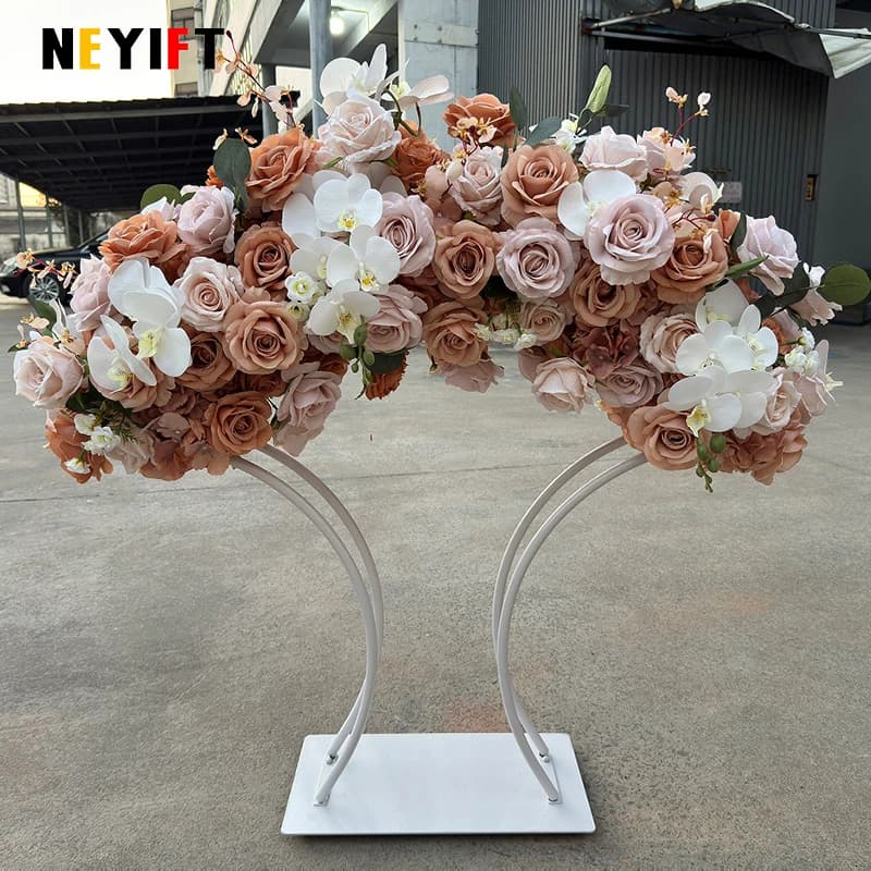 Coffee Brown Wedding Table Centerpiece Decor Floral Arrangement Gold Plated Arched Stand Geometric Flower Frame Party Props