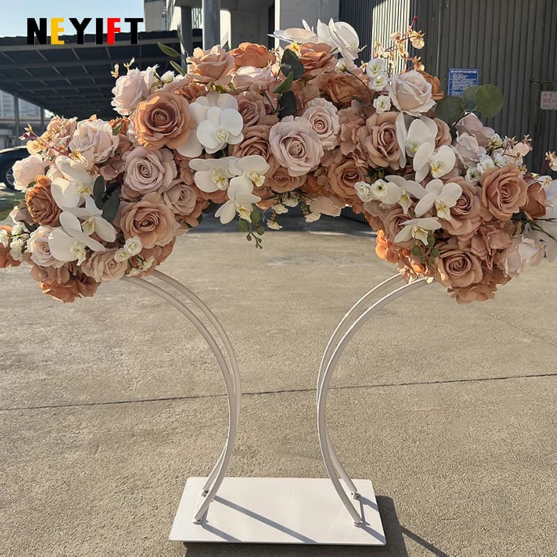 Coffee Brown Wedding Table Centerpiece Decor Floral Arrangement Gold Plated Arched Stand Geometric Flower Frame Party Props