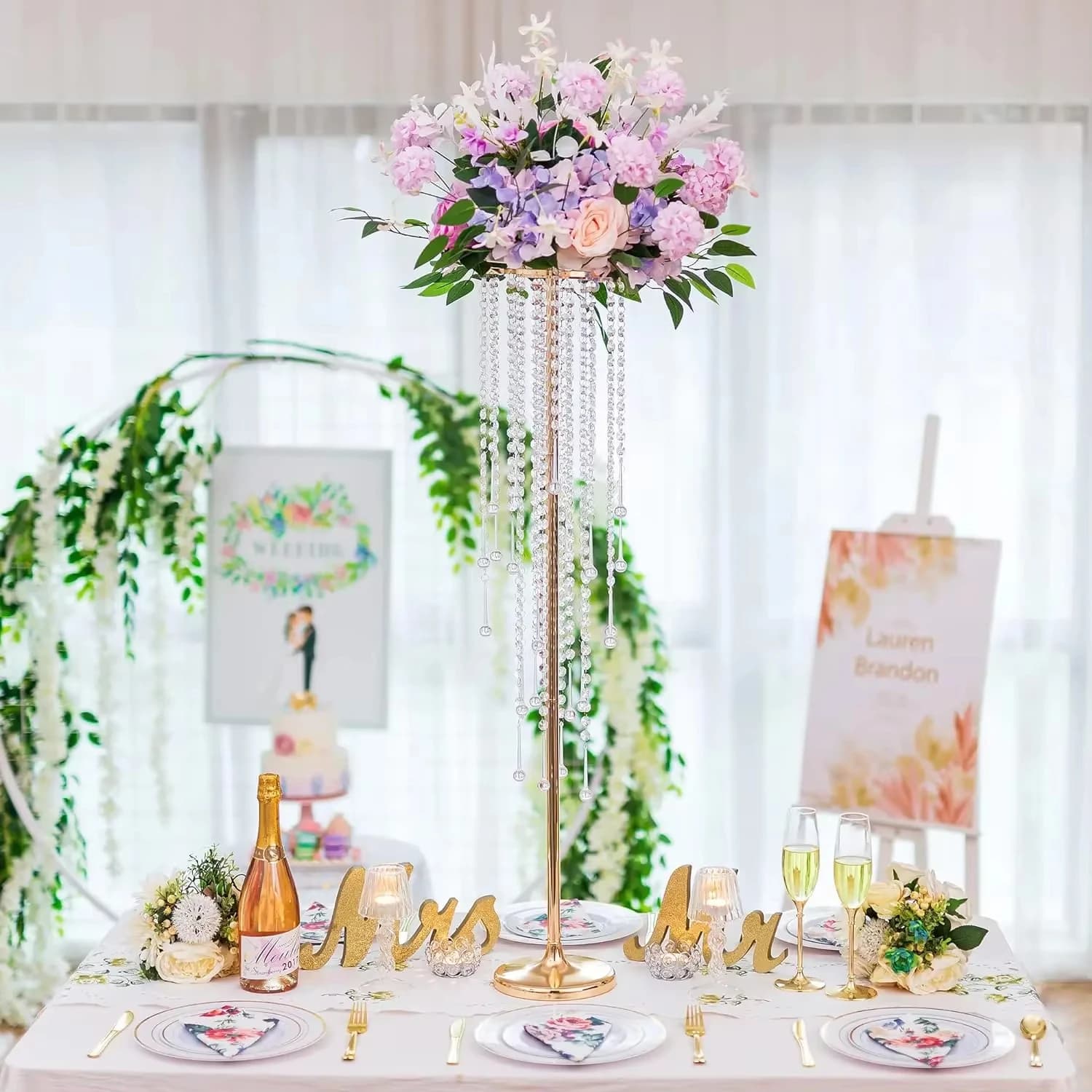 Wedding Table Centerpiece Flower Stand - 29.6 Inch Gold Vase with Crystal Chandelier, Center Table Outdoor Home Decor