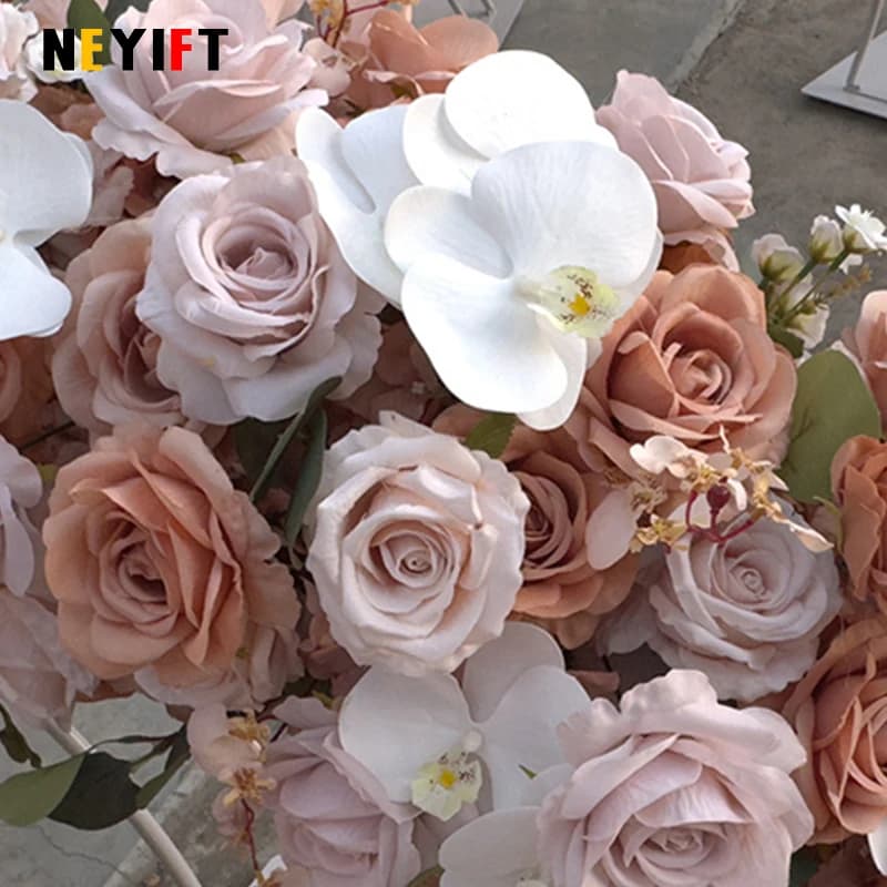 Coffee Brown Wedding Table Centerpiece Decor Floral Arrangement Gold Plated Arched Stand Geometric Flower Frame Party Props