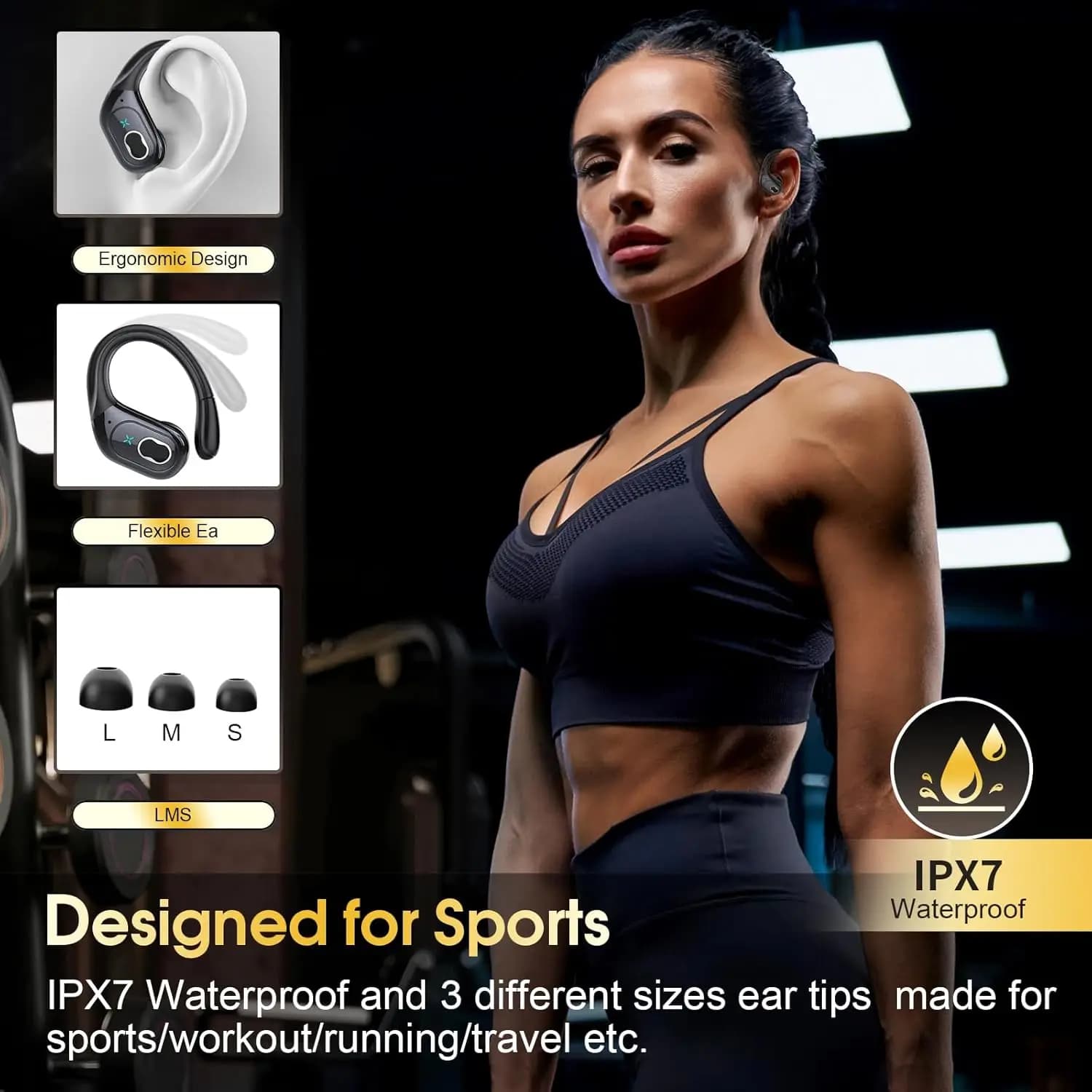 Wireless Earbuds with Earhooks, Waterproof, 75H Playtime