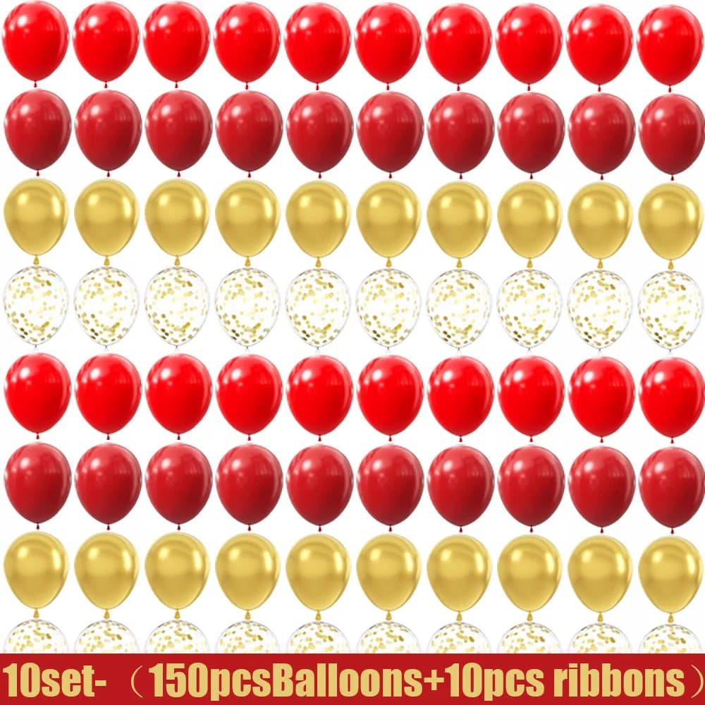 15-150 wedding themed decorations with red and gold latex balloons, suitable for birthdays, weddings, and home decor