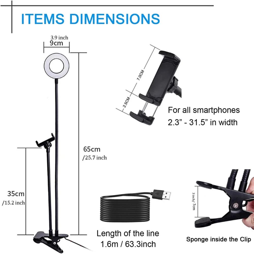 LED Ring Light Clip-On USB Fill-in Lamp Dual Lights 3 Lighting Modes Dimmable Flexible Arms Design with Phone Holder for Live