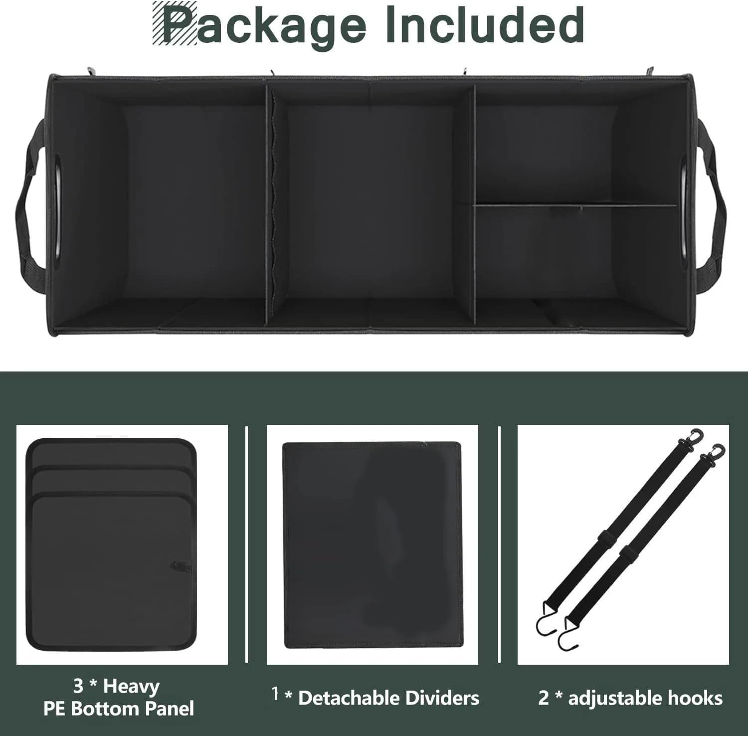 Trunk Organizer for Car, 95L Large Capacity Storage with Non-Slip Bottom Strips and 2 Retractable Straps