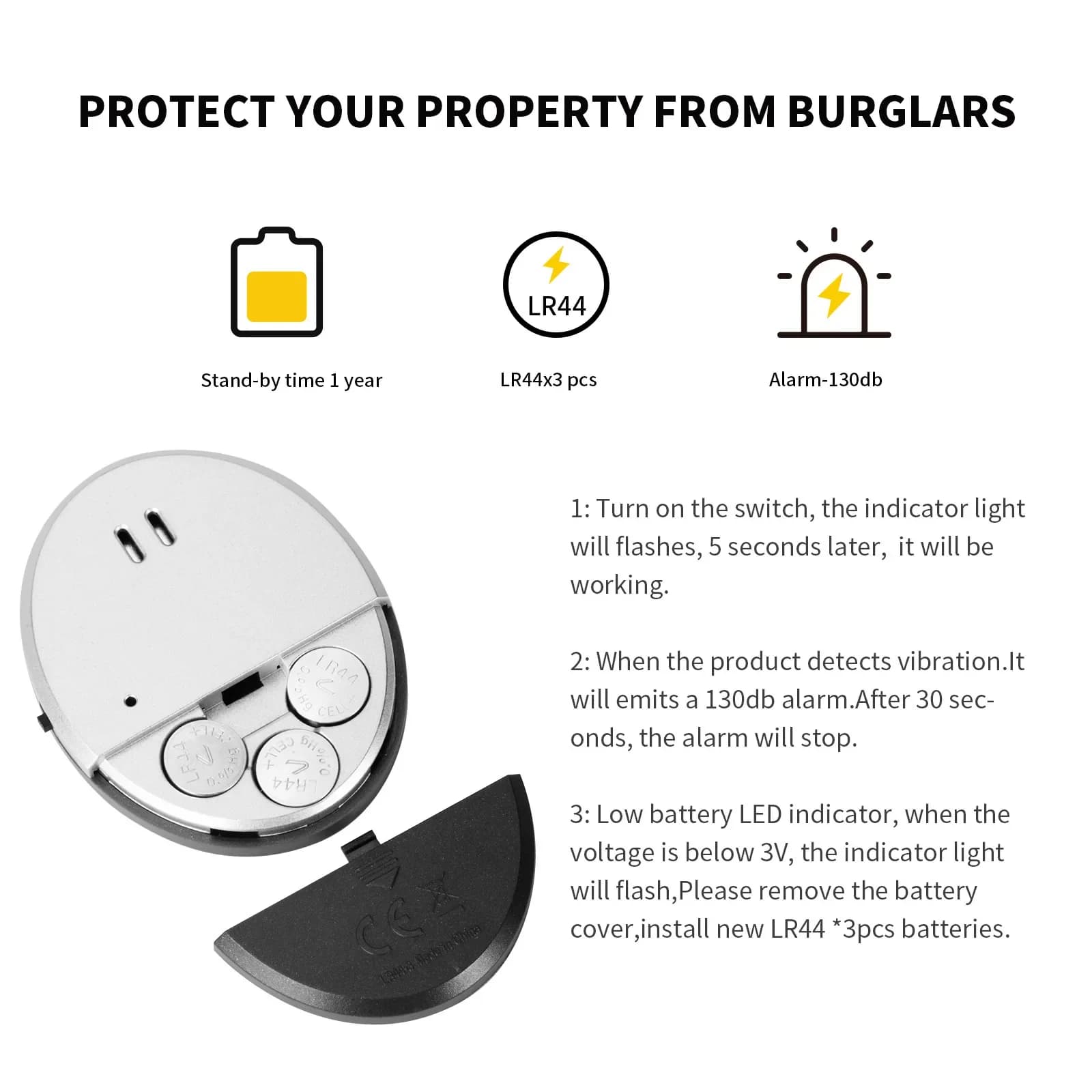 Vibration Door Window Alarm Ultra Thin Sensor Security Alarm Anti-theft Burglar Alert for Home Hotel Apartment Dormitory Safety