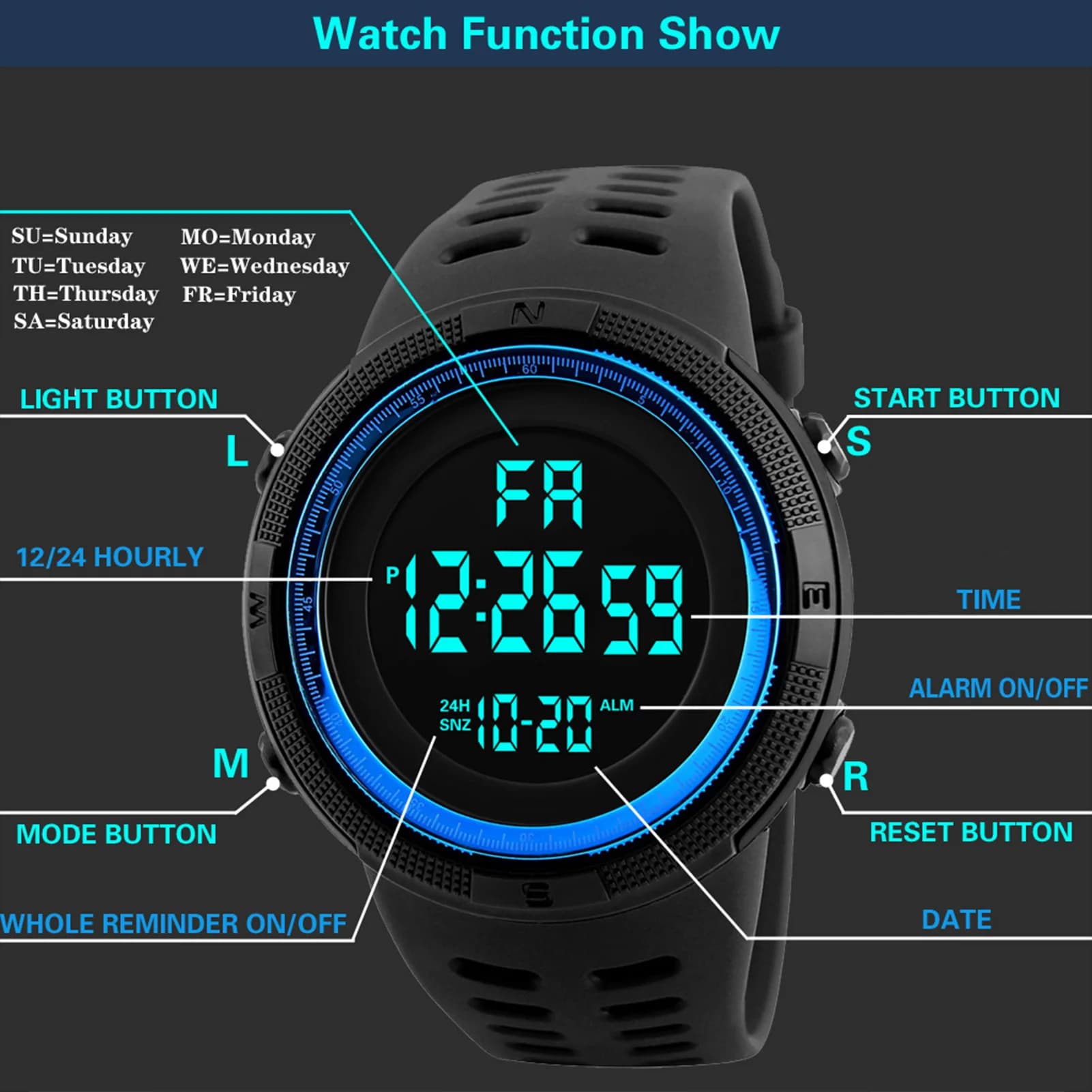 Men's Digital Sports Watch Waterproof Luminous