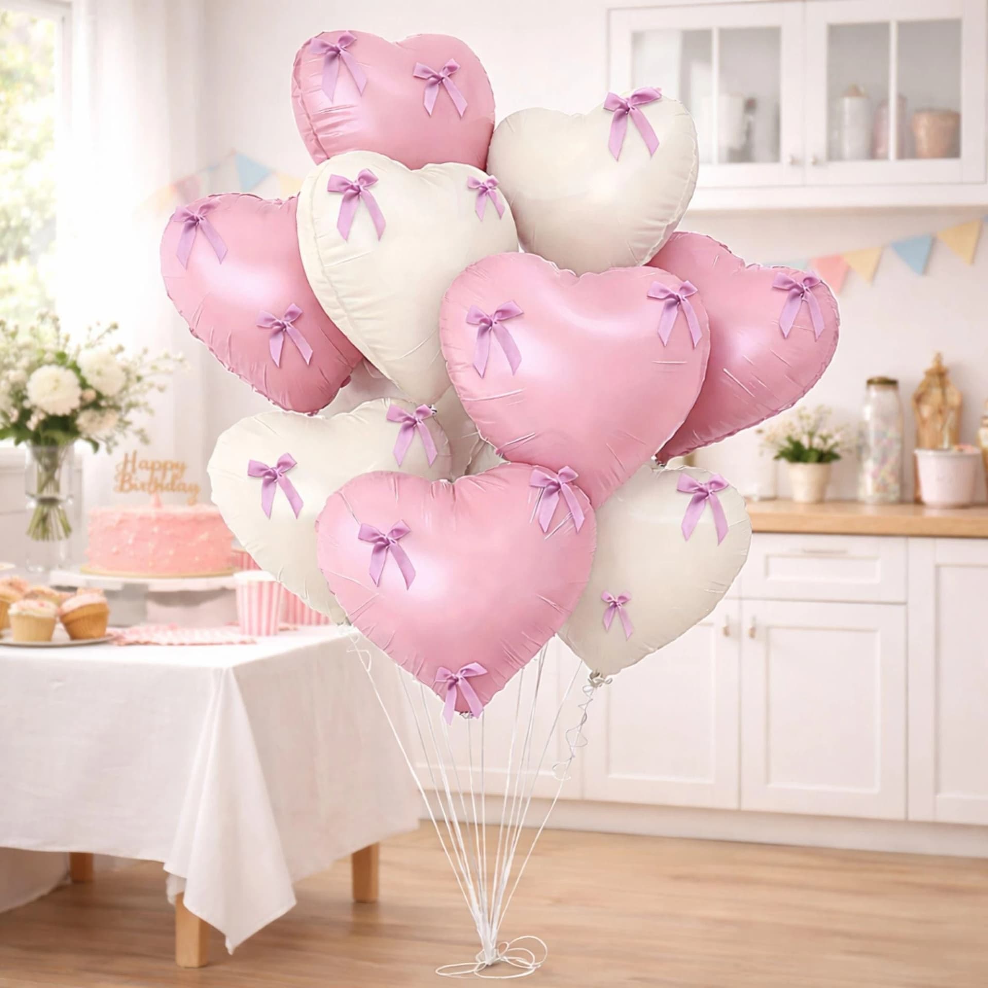 Pink Heart-Shaped Balloons with Bows, Blush-Colored Birthday Party Decorations, Suitable for Birthdays, Bachelor Parties, Anniversaries, and Party Events.
