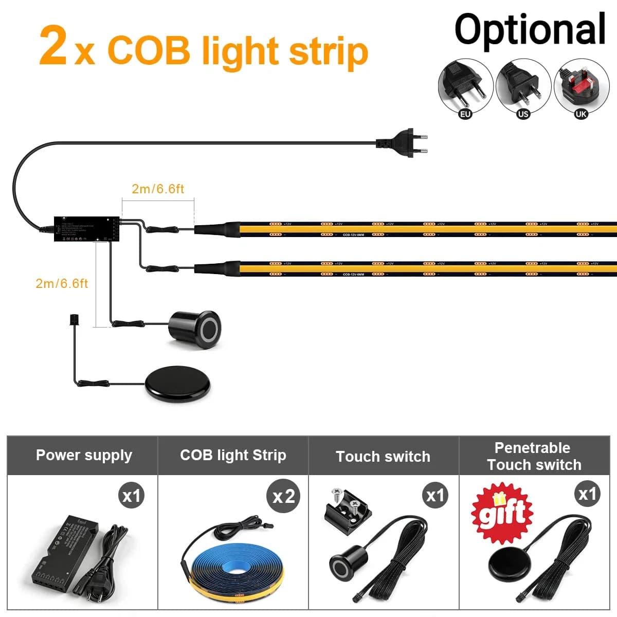 2 x LED Strip Kit / 2M Each LED / Natural White / EU Plug