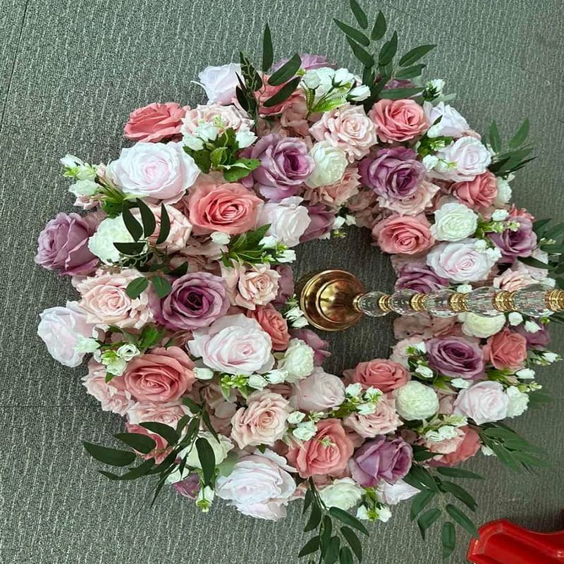 Wedding Table Centerpiece Candlestick Deco Garland Crown Flower Wreath White Rose Green Leaf Floral Arrangement Event Party Prop