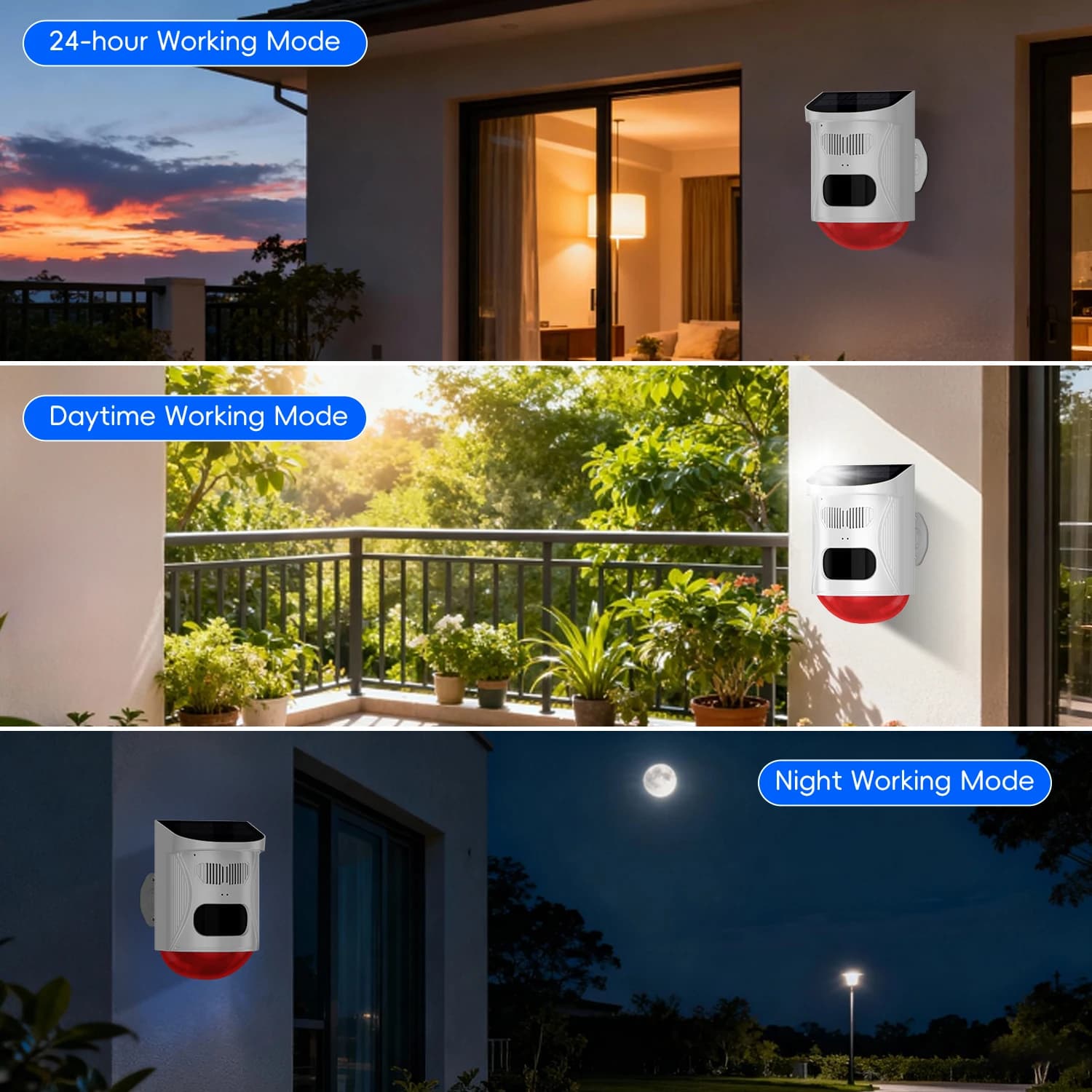 Solar Motion Sensor Alarm With Custom Voice Upload - 120db Loud Noise Maker & Strobe Lights, Remote Control, Call Recording