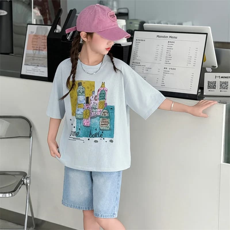 Kids Luxury Clothes Set for Girls from 5 to 14 Years Summer Suit Children Print T-shirt Shorts Two Pieces Outfit Clothing Set