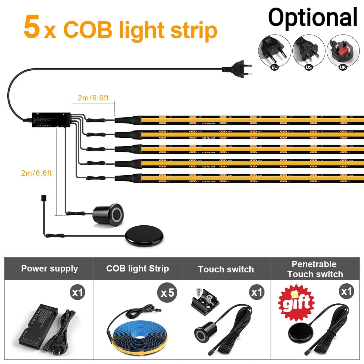 5 x LED Strip Kit / 1M Each LED / Natural White / UK Plug