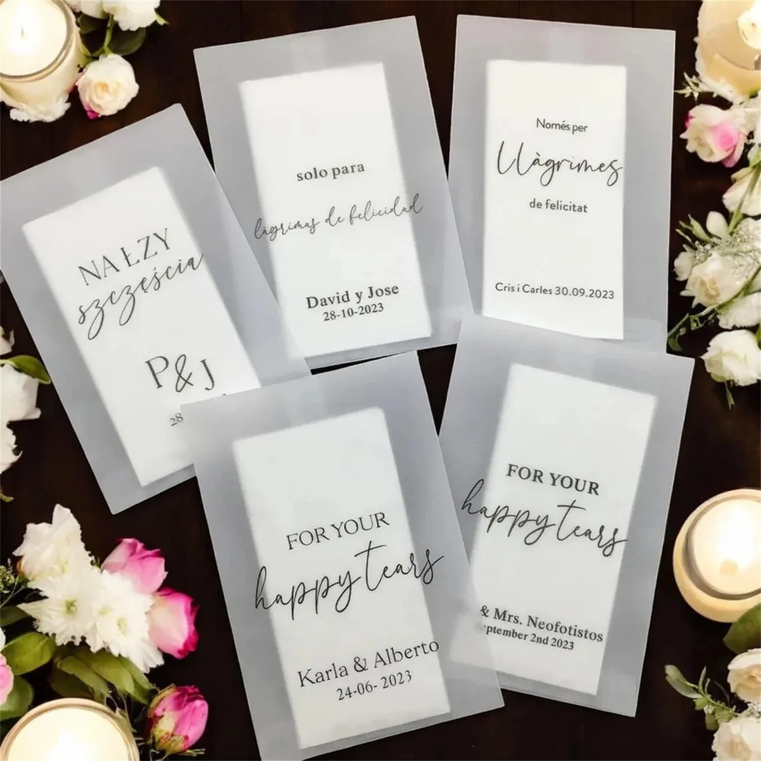 Personalised Wedding Favor Packs: Happy Tears Tissue Packets & Confetti Packs for Guests