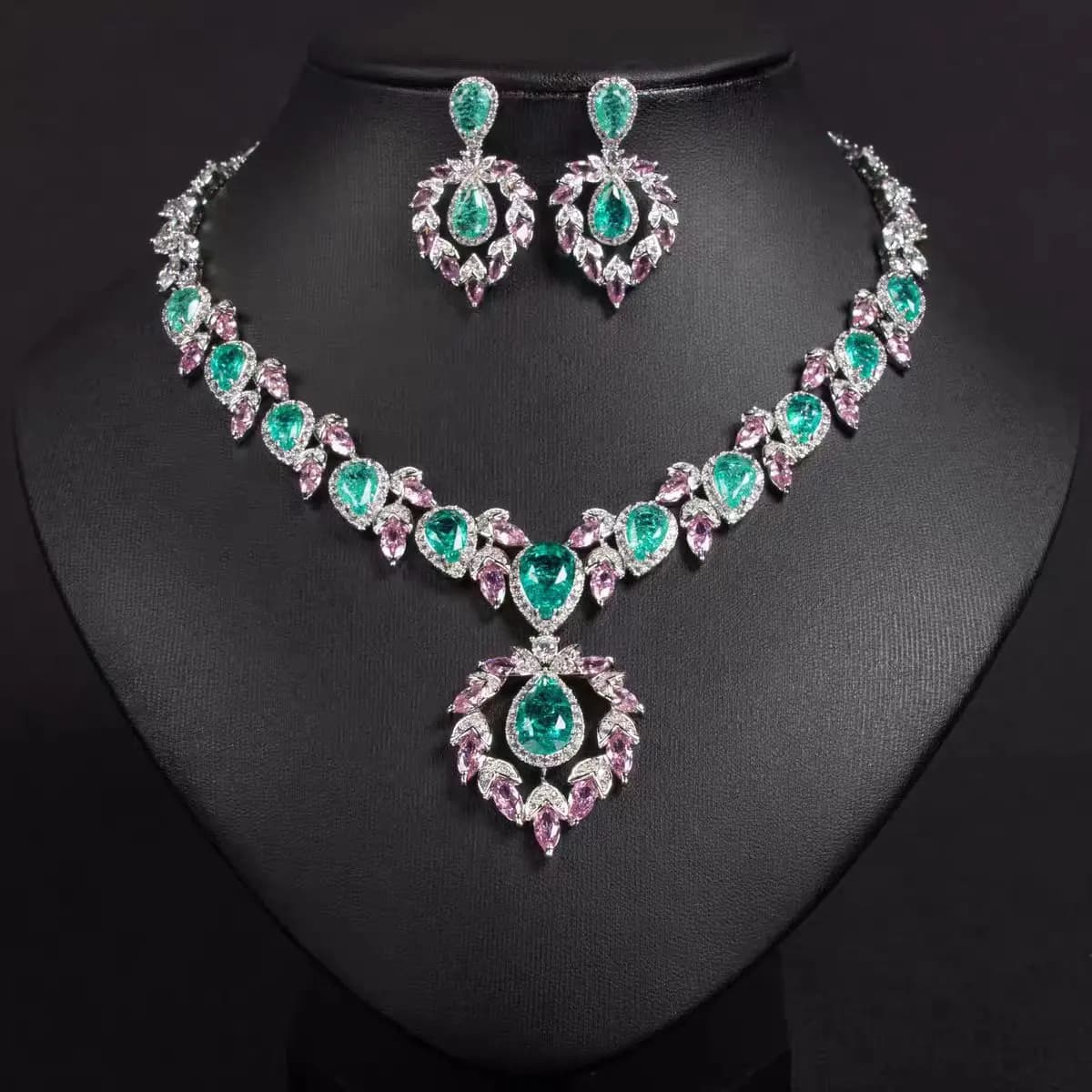 Light Luxury Pink & Green Jewelry Set Elegant Necklace Earrings Bridal Wedding Evening Gown Women Party Gift