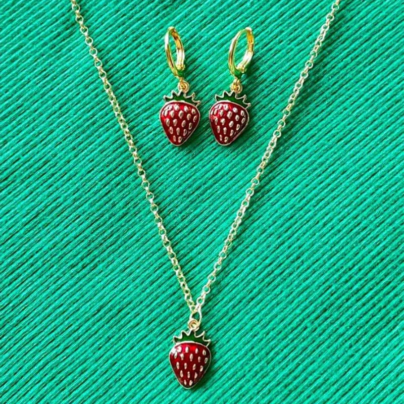 strawberry jewelry necklace earrings set y2k indie jewelry