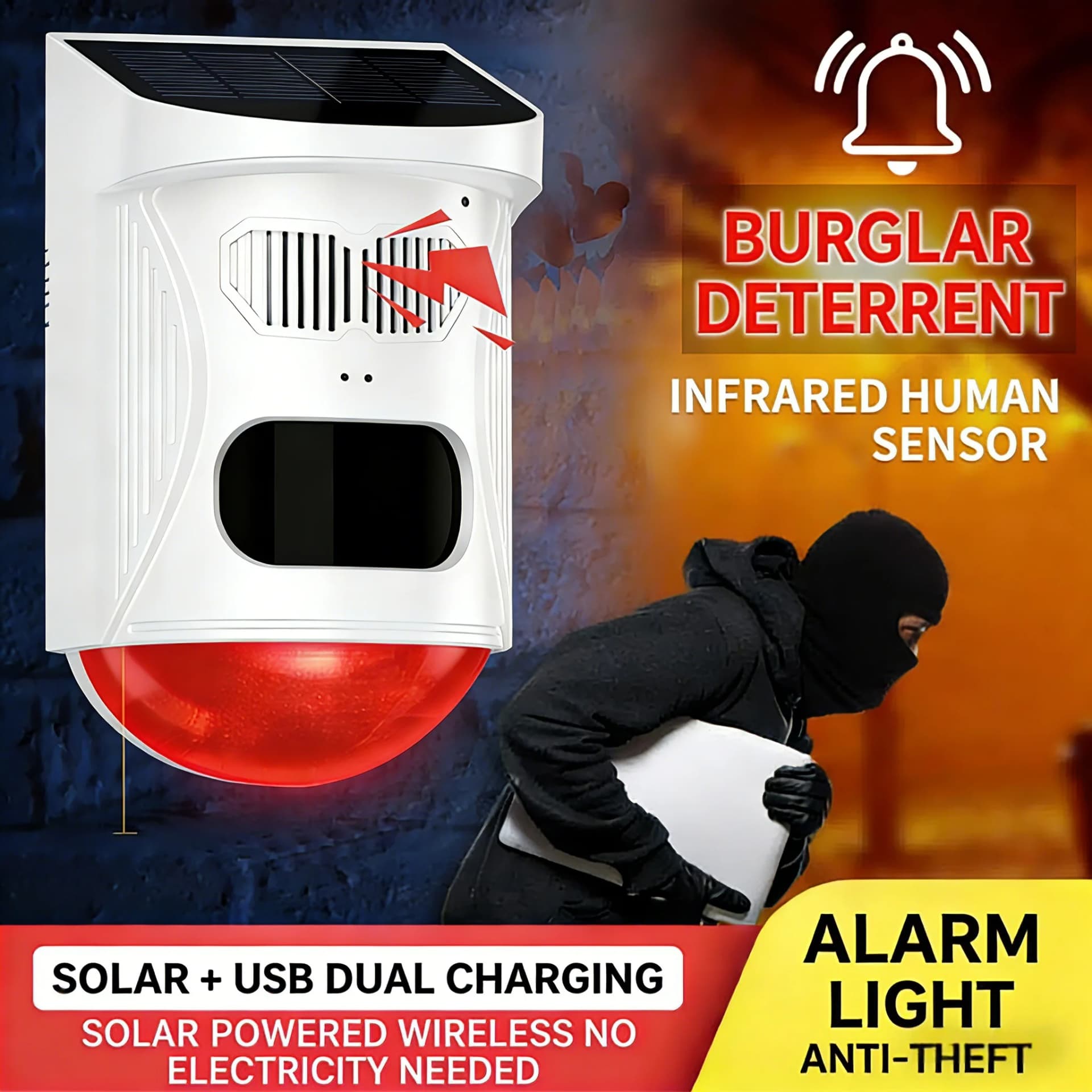 Solar Motion Sensor Alarm With Custom Voice Upload - 120db Loud Noise Maker & Strobe Lights, Remote Control, Call Recording