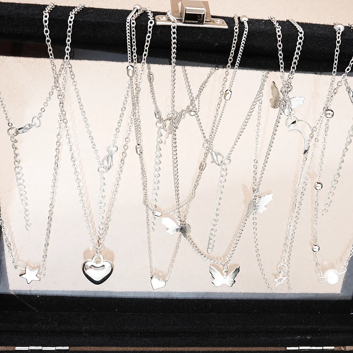 Silver Butterfly Heart Pearl Jewelry Set Women