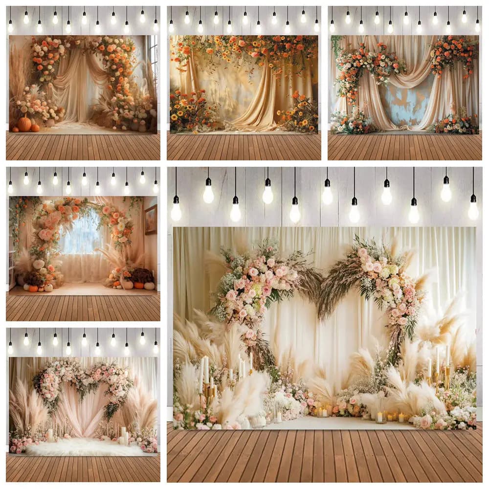 Wedding Photography Backdrop Pink White Curtains Flower Wall Bridal Shower Maternity Portrait Children Birthday Party Background