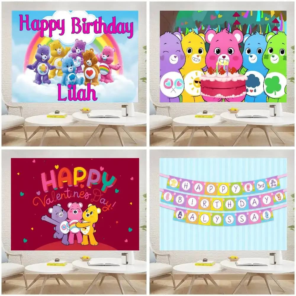 Photography Backgrounds for Kids Birthday Party Children Portrait Photo Backdrops Care-Bears Love Rainbow Bear anime