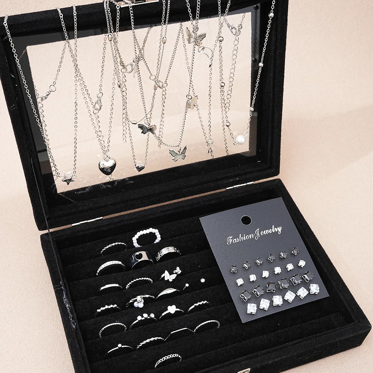 Silver Butterfly Heart Pearl Jewelry Set Women