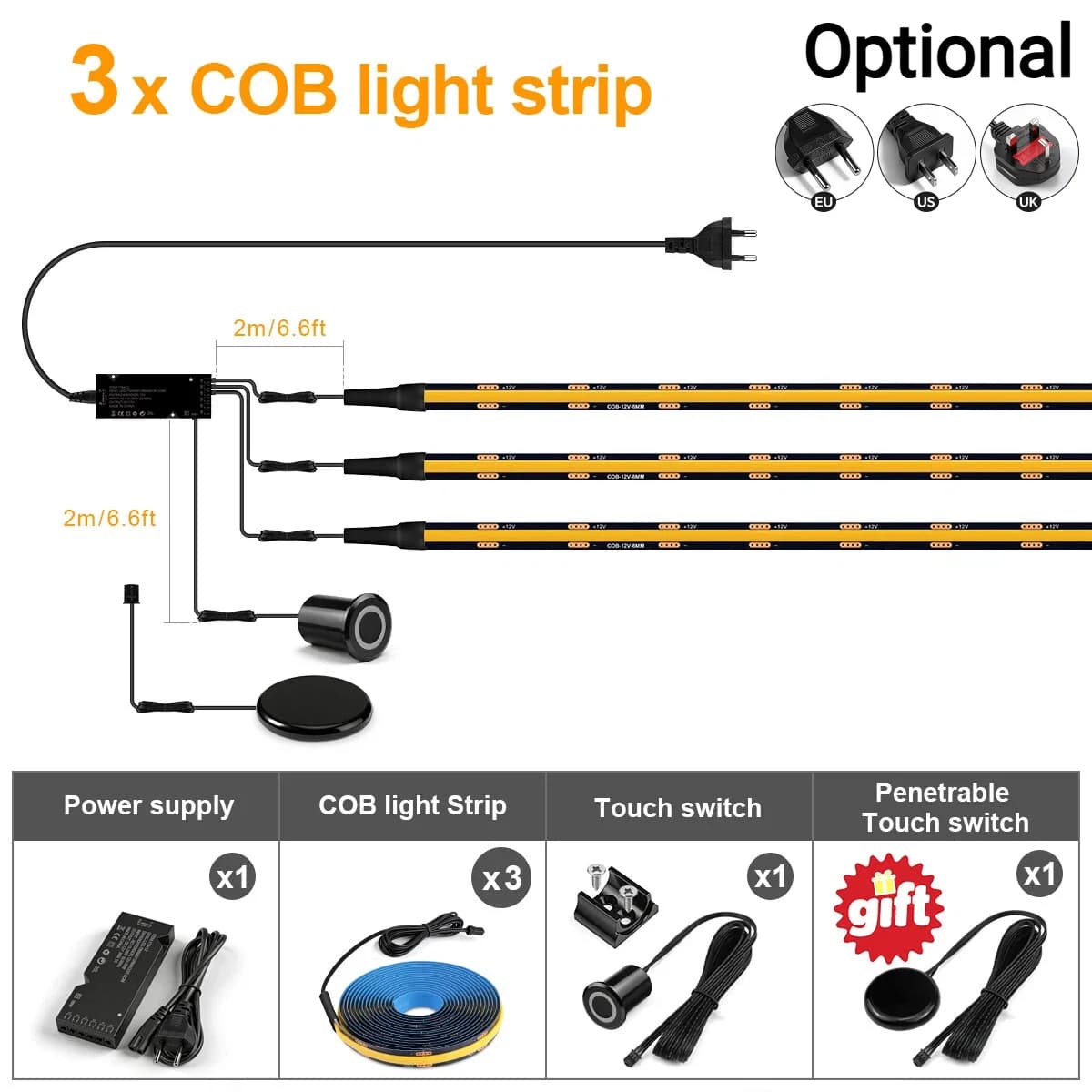 3 x LED Strip Kit / 1M Each LED / Natural White / UK Plug