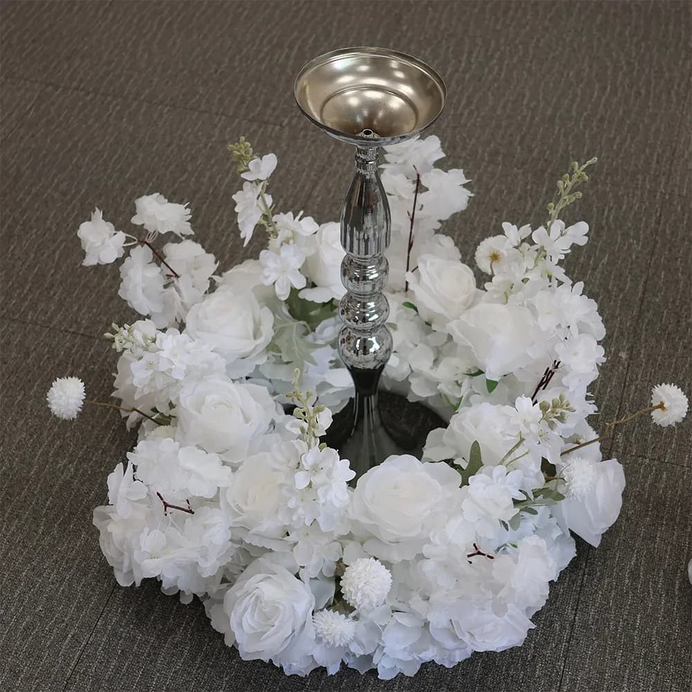 Wedding Table Centerpiece Candlestick Deco Garland Crown Flower Wreath White Rose Green Leaf Floral Arrangement Event Party Prop