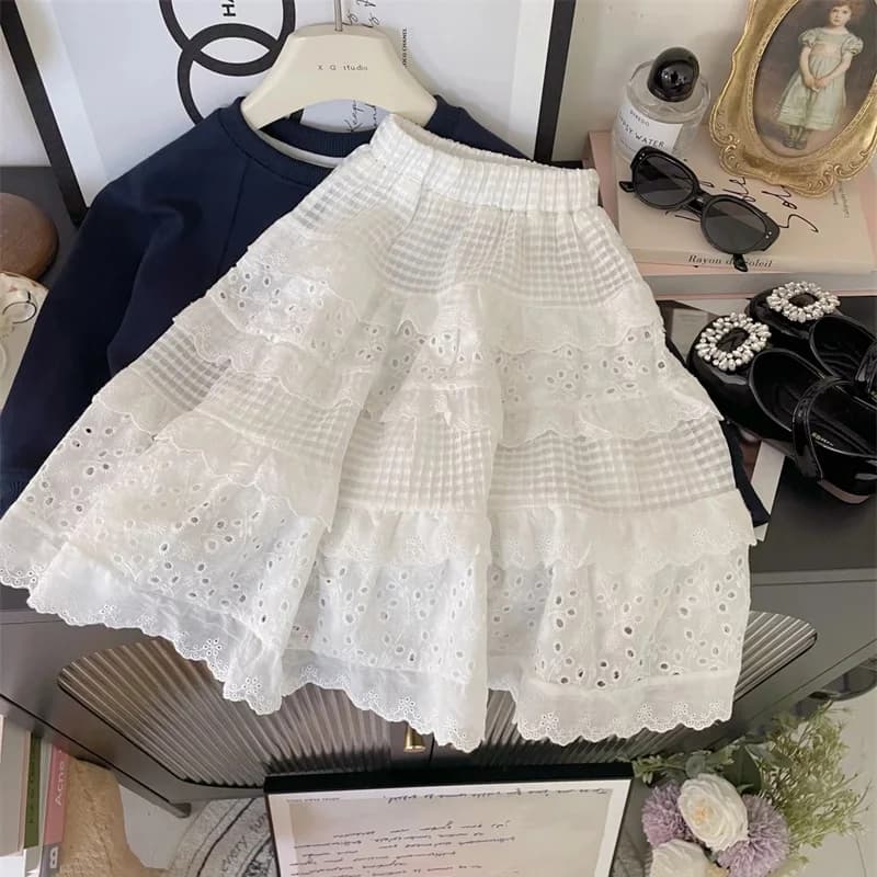 Girls Lace Layered Long Skirt White