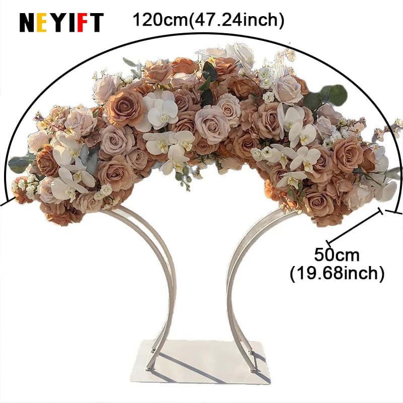 Coffee Brown Wedding Table Centerpiece Decor Floral Arrangement Gold Plated Arched Stand Geometric Flower Frame Party Props