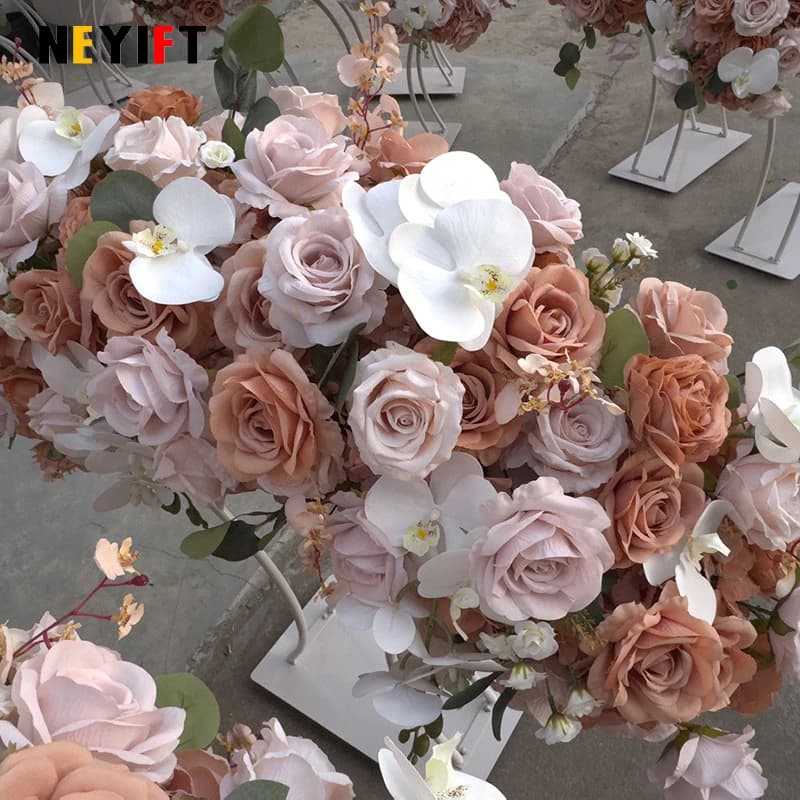 Coffee Brown Wedding Table Centerpiece Decor Floral Arrangement Gold Plated Arched Stand Geometric Flower Frame Party Props