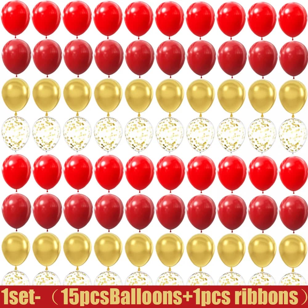 15-150 wedding themed decorations with red and gold latex balloons, suitable for birthdays, weddings, and home decor