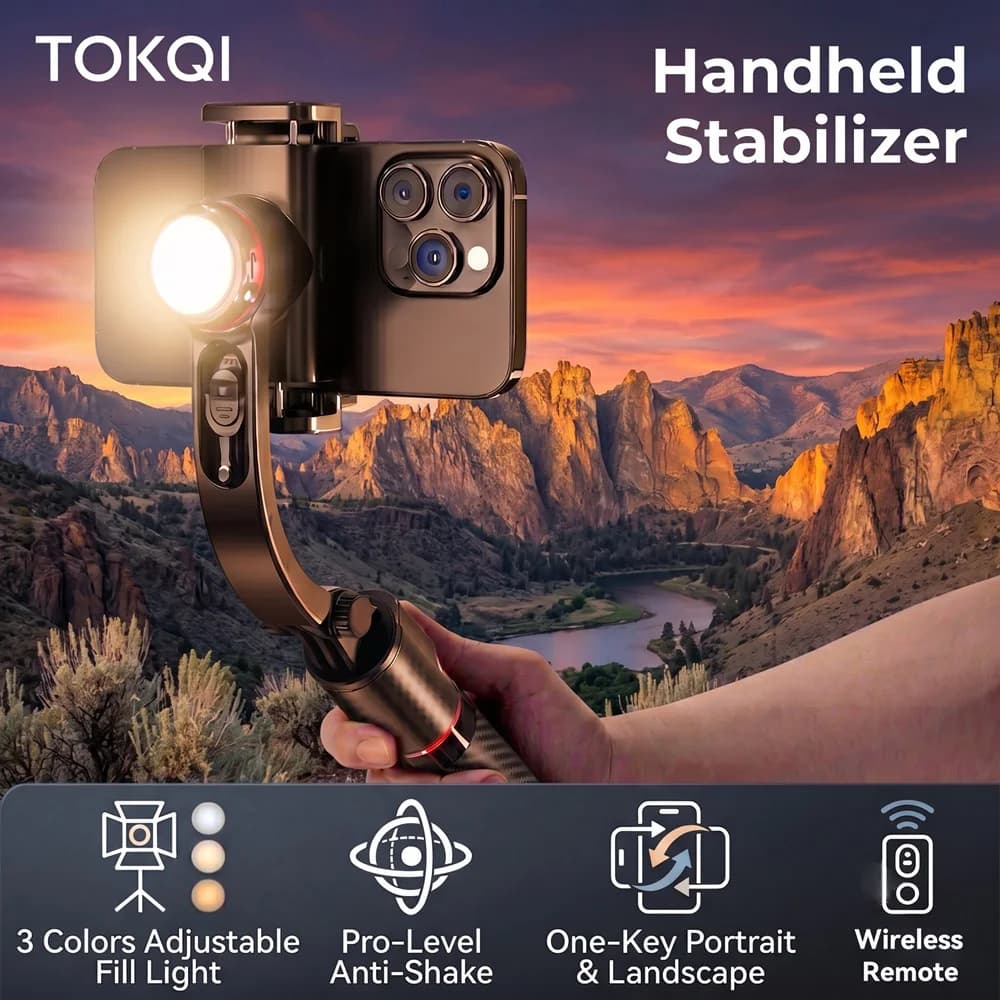 TOKQI Gimbal Stabilizer Anti-Shake Aluminum Alloy Fill Light Selfie Stick Tripod 360 Rotation For Travel Live Streaming Shooting