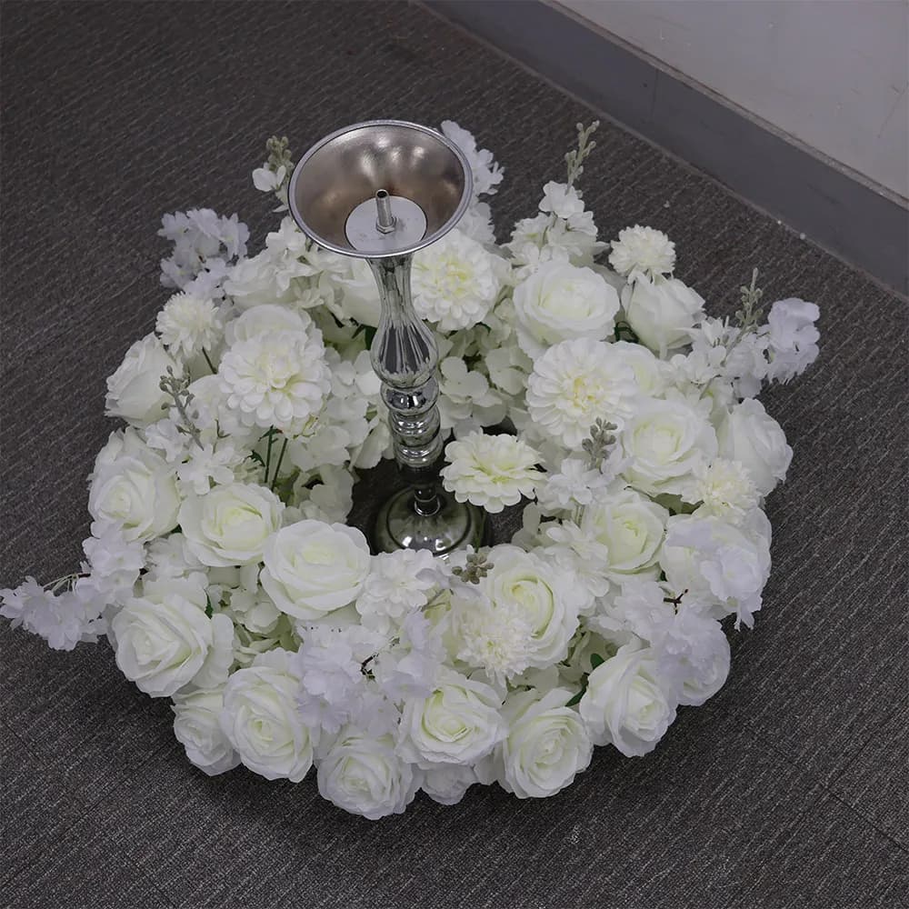 Wedding Table Centerpiece Candlestick Deco Garland Crown Flower Wreath White Rose Green Leaf Floral Arrangement Event Party Prop