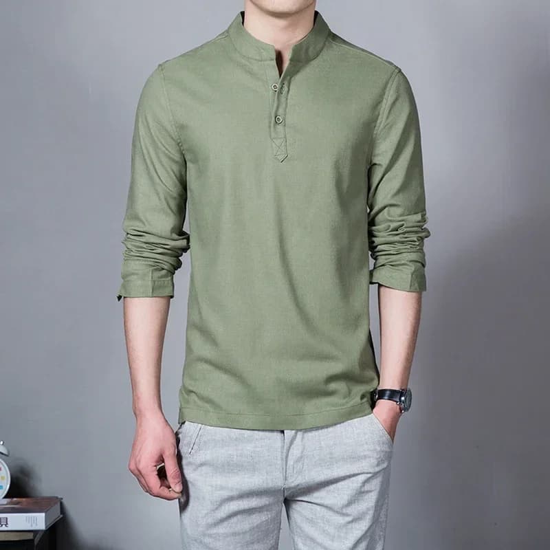 Men's Linen Long-Sleeve Stand Collar T-Shirt