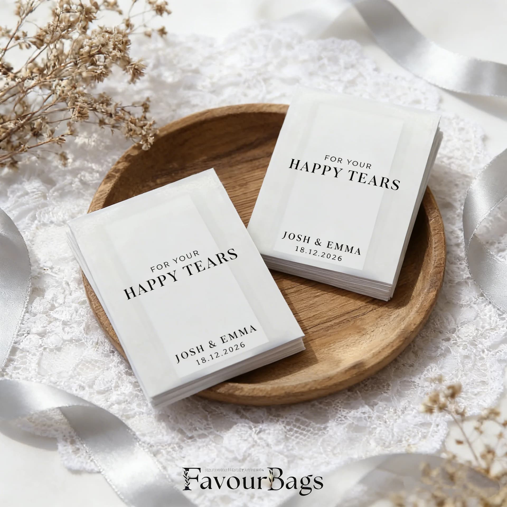 Personalised Wedding Favor Packs: Happy Tears Tissue Packets & Confetti Packs for Guests