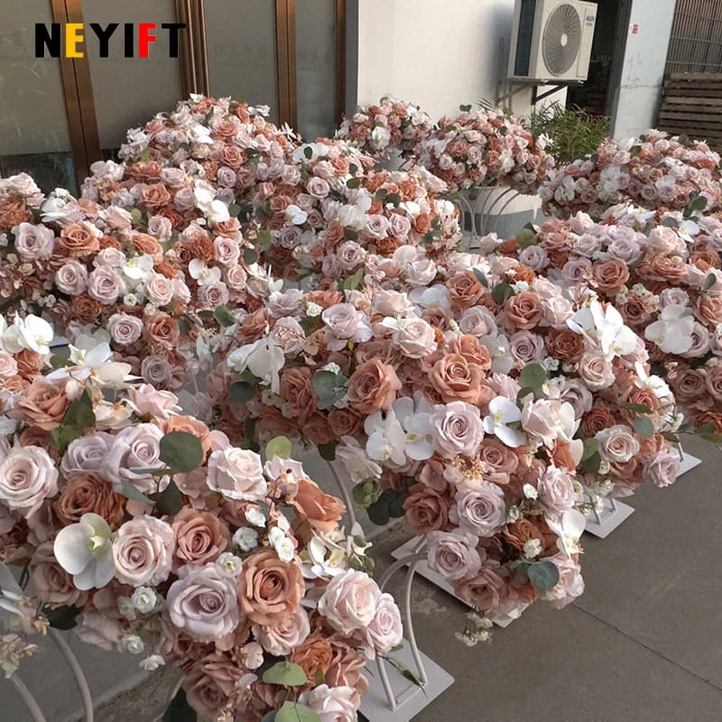 Coffee Brown Wedding Table Centerpiece Decor Floral Arrangement Gold Plated Arched Stand Geometric Flower Frame Party Props