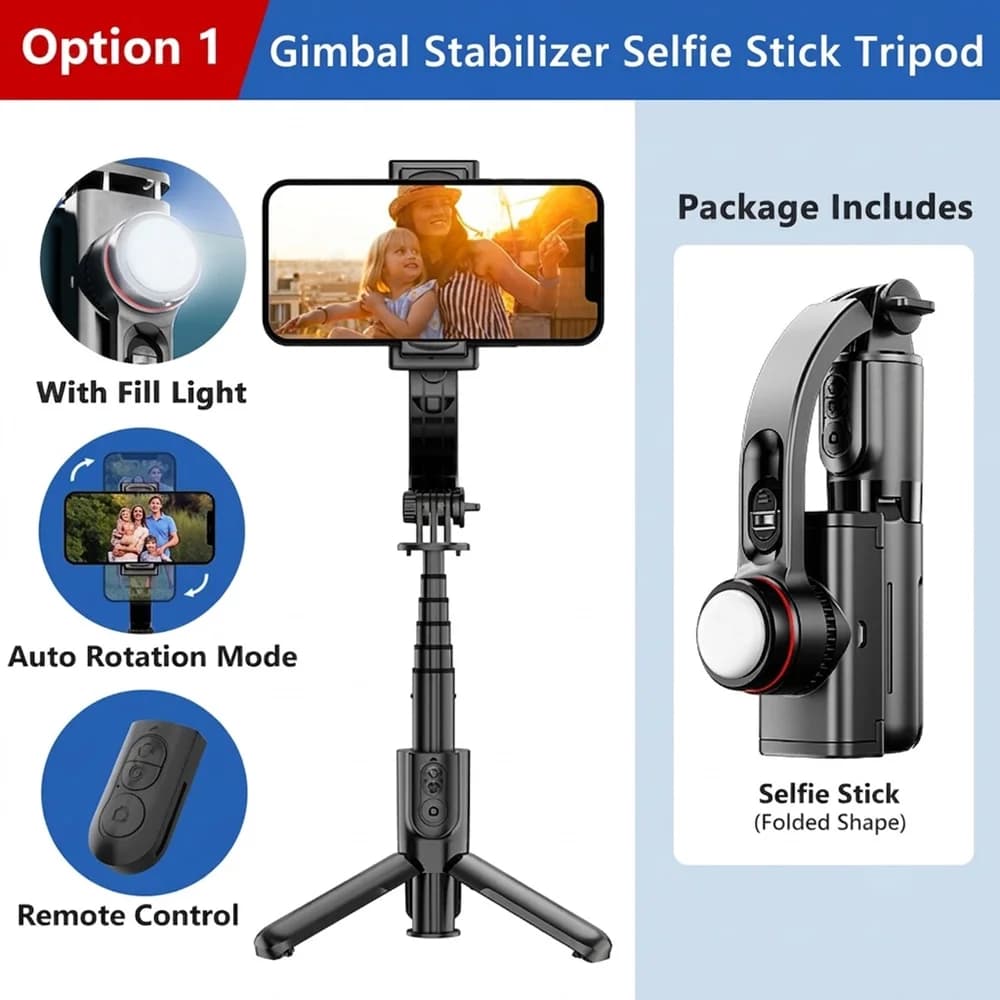 TOKQI Gimbal Stabilizer Anti-Shake Aluminum Alloy Fill Light Selfie Stick Tripod 360 Rotation For Travel Live Streaming Shooting